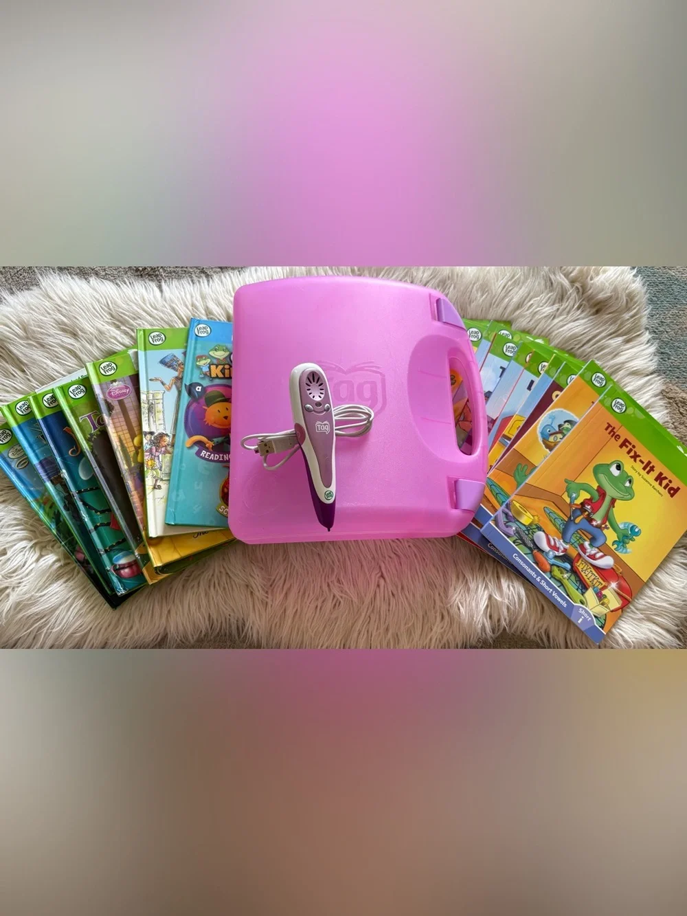 Leapfrog Tag Pen Reader System 21 Books Case Cord Bundle Disney Phonics Learning